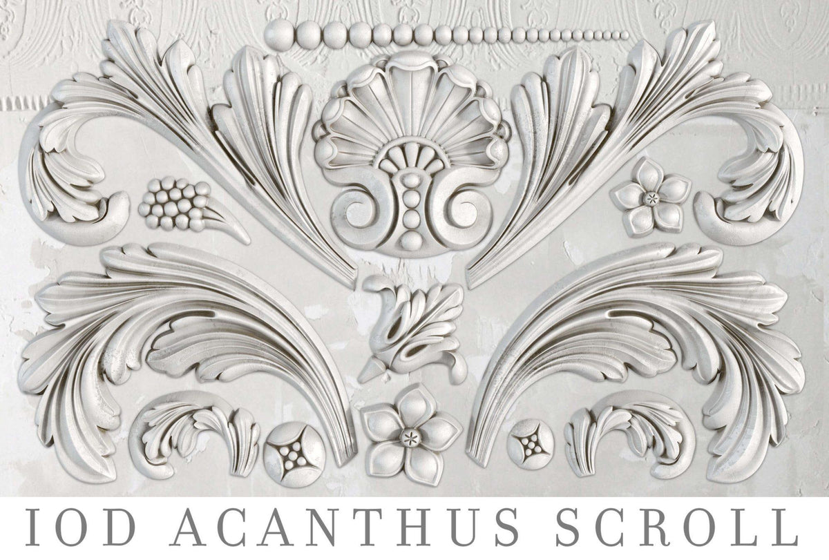 White acanthus, floral, and shell motifs made with I.O.D. Acanthus Scroll Mould by Iron Orchid Designs.