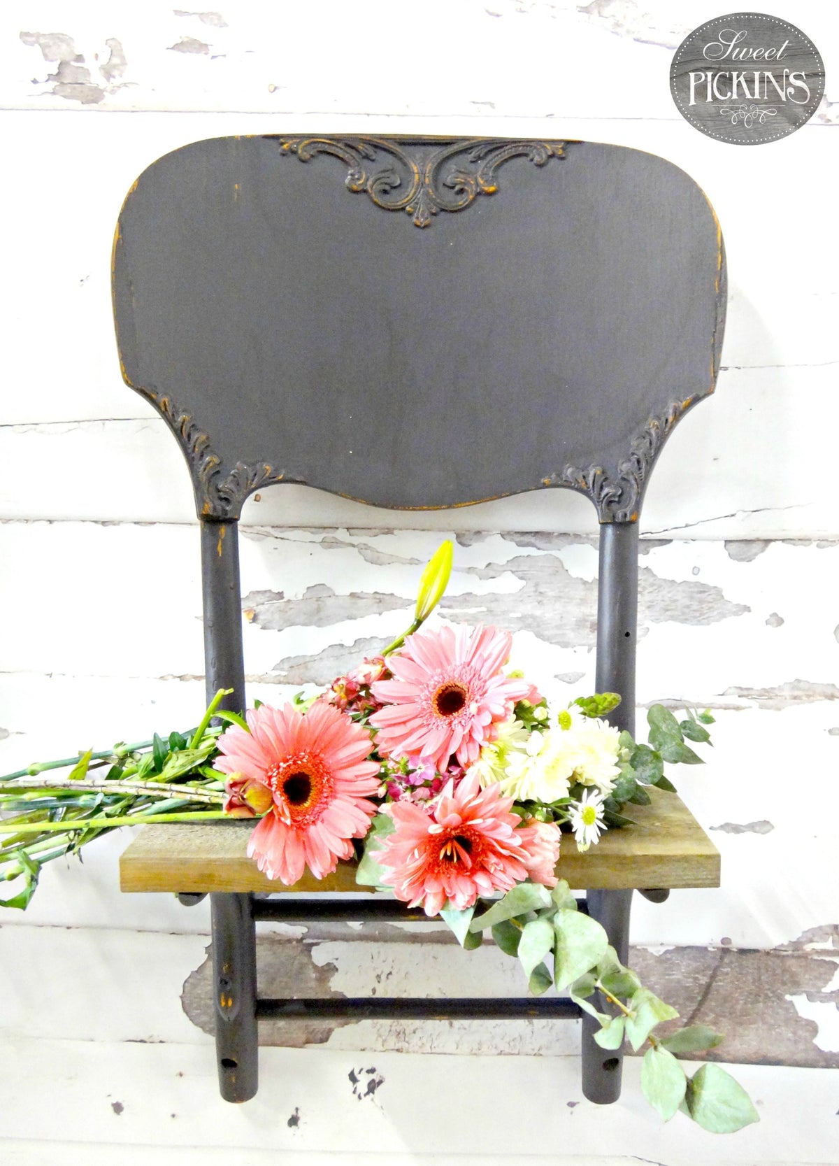 Chair backrest shelf painted Adelaide by Old Fashioned Milk Paint, decorated with pink and white blooms.