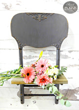 Chair backrest shelf painted Adelaide by Old Fashioned Milk Paint, decorated with pink and white blooms.
