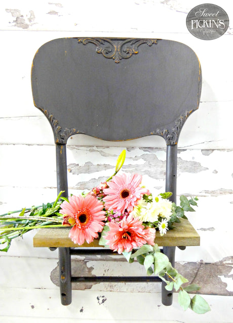 Chair backrest shelf painted Adelaide by Old Fashioned Milk Paint, decorated with pink and white blooms.