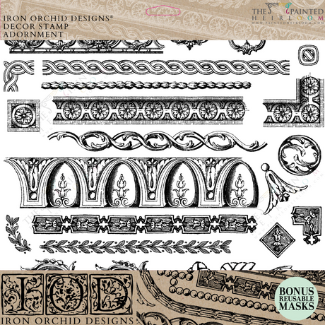 Black and white scrolls and flourishes borders from Adornment Stamp by IOD, silicone decor stamps by I.O.D.