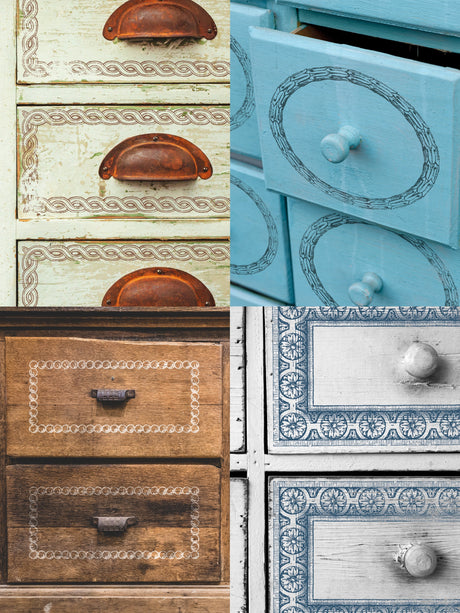 Four vintage drawers with unique handles, assorted colors, and I.O.D. Adornment Stamp decorative patterns.