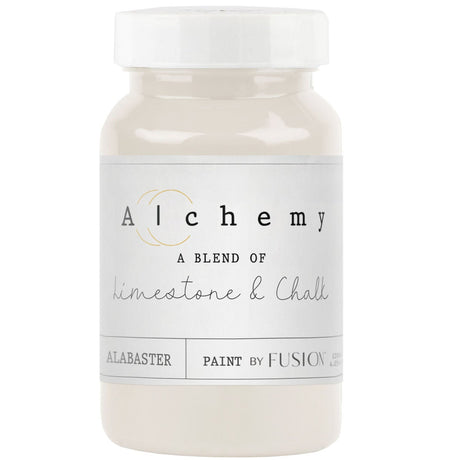 Alabaster Alchemy Paint jar by Fusion Mineral Paint, limestone & chalk blend, on neutral background.