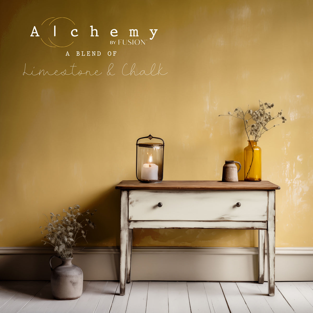 Rustic table in front of a yellow wall painted with Alabaster Alchemy by Fusion Mineral Paint.