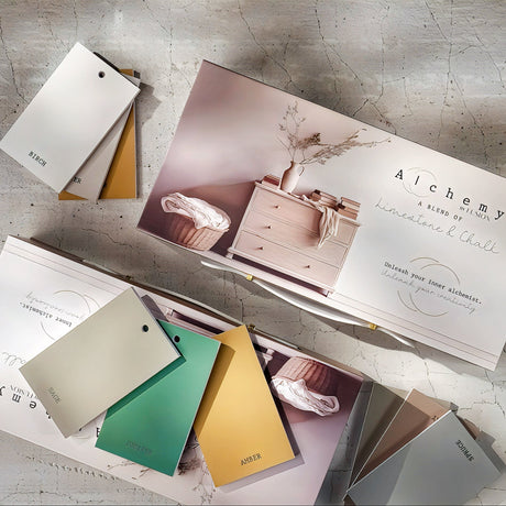 Fusion Mineral Paint Alchemy Briefcase Swatch Box Set with chalk-style swatches and display brochure included.