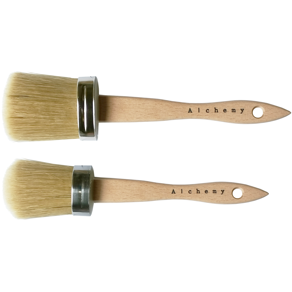 Alchemy by Fusion Brush set by Fusion Mineral Paint, unused, with wooden handles and metal ferrules in large and small sizes.