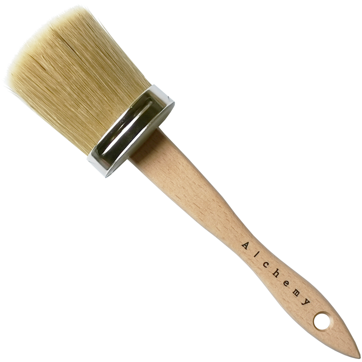 Fusion Mineral Paint Alchemy Brush with round shape, light bristles, and wood handle for blending paint.