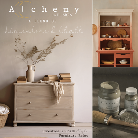 Light wood dresser and hutch with Alchemy by Fusion Look Book and Fusion Mineral Paint brush displayed together.