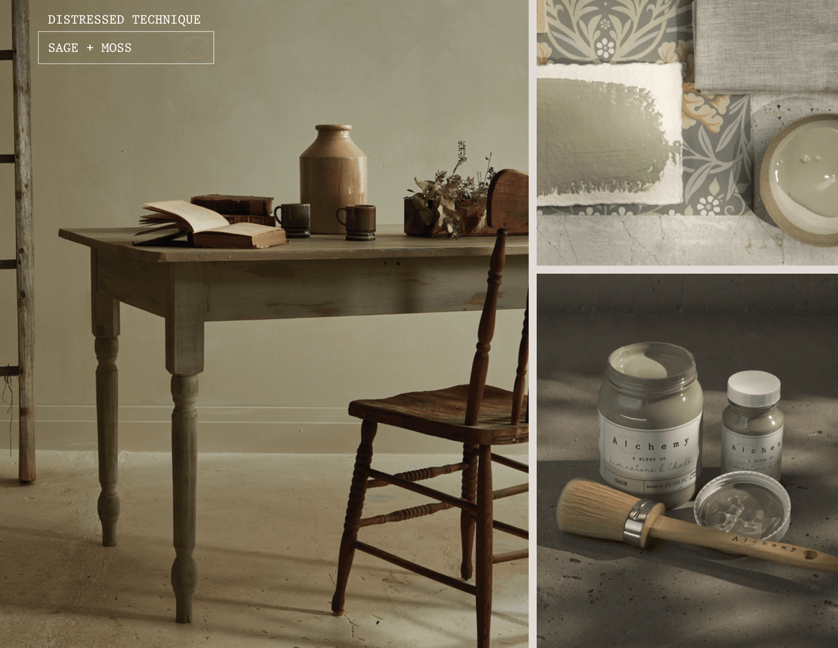 Fusion Mineral Paint Alchemy Look Book in sage and moss green on table with books and mugs.