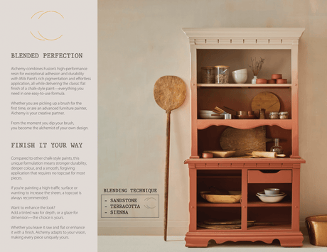 Alchemy by Fusion Look Book terracotta and cream two-tone hutch displaying plates, jars, and a pizza peel.