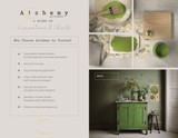 Cabinet painted in Fusion Mineral Paint’s Alchemy positioned against a green wall, styled with decor and supplies.
