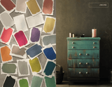 Teal dresser painted with Fusion Mineral Paint; paint swatches displayed on the left side.