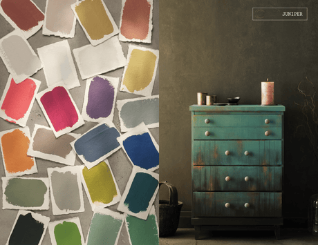 Teal dresser painted with Fusion Mineral Paint; paint swatches displayed on the left side.
