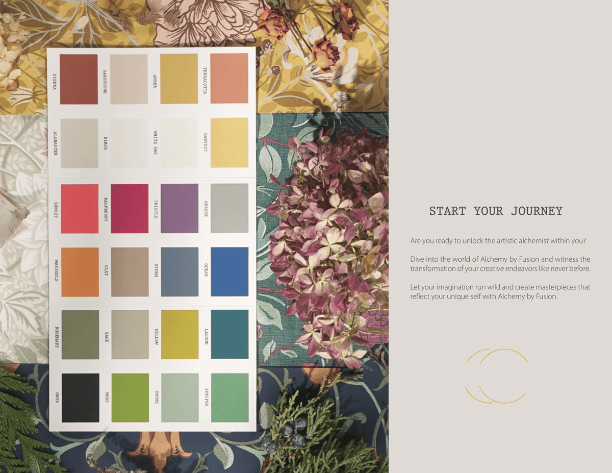 The Alchemy by Fusion Look Book from Fusion Mineral Paint next to a swatch card and printed message.