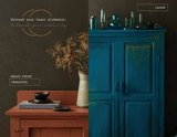 Terracotta table with dried flowers beside a blue cabinet holding glassware, shown side by side.