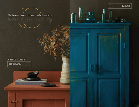 Terracotta table with dried flowers beside a blue cabinet holding glassware, shown side by side.