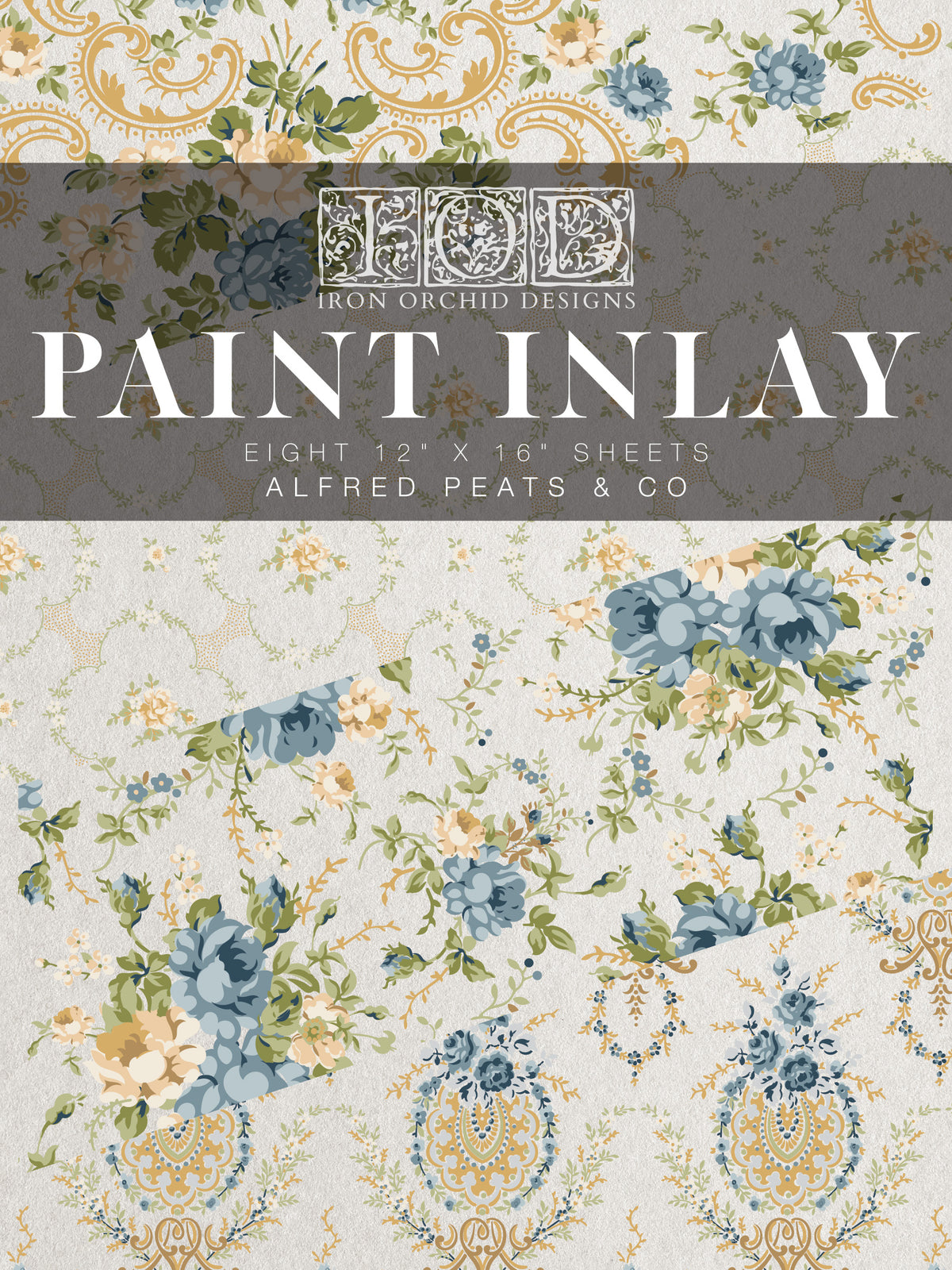 I.O.D. Alfred Peats and Co. Paint Inlay packaging with blue and cream floral motifs and overlaid product details.