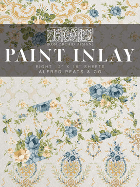 I.O.D. Alfred Peats and Co. Paint Inlay packaging with blue and cream floral motifs and overlaid product details.