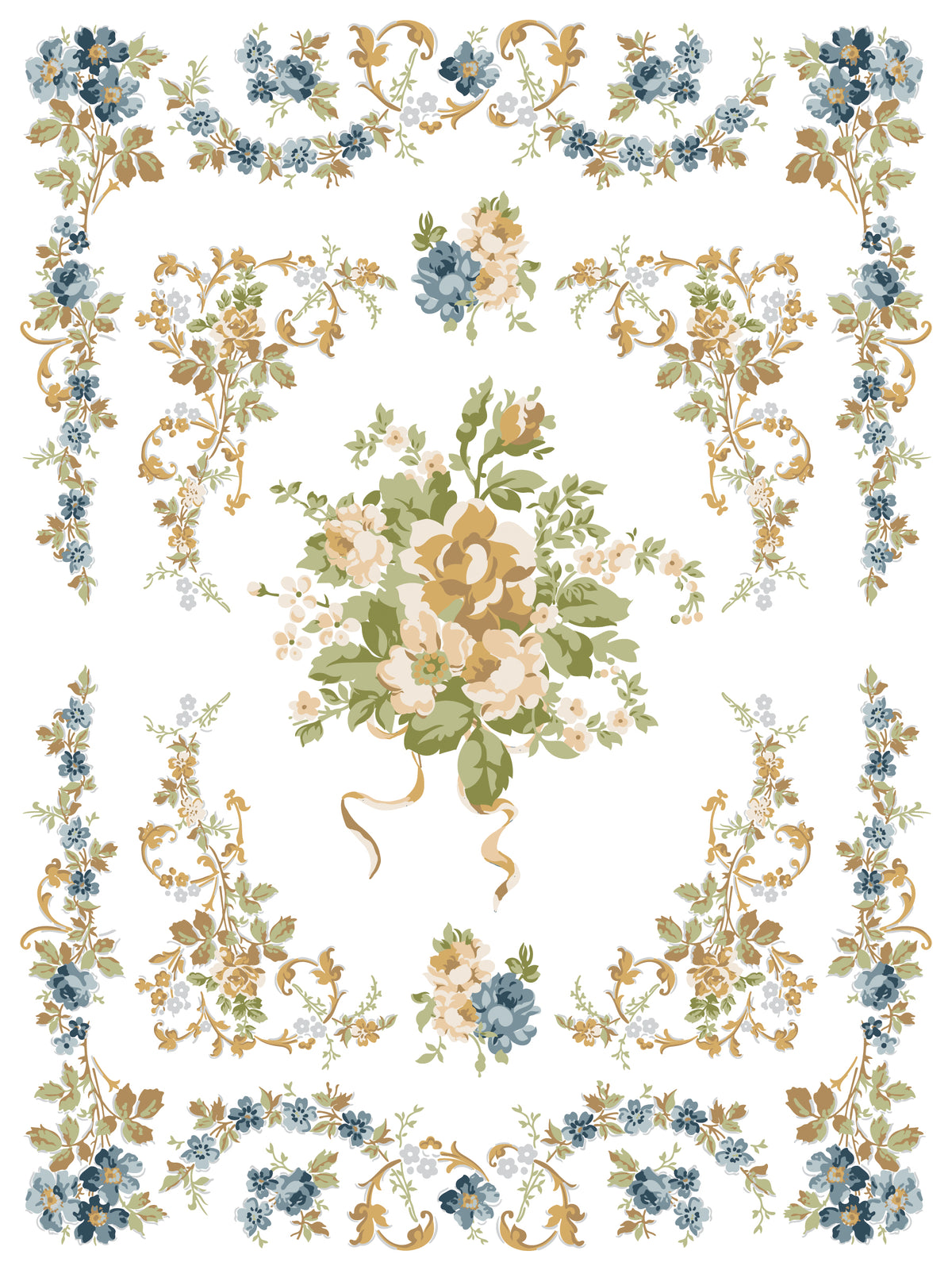 Alfred Peats and Co. Paint Inlay by IOD, symmetrical blue, tan, and white floral pattern for European-style decor.