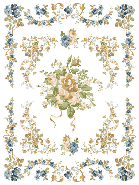 Alfred Peats and Co. Paint Inlay by IOD, symmetrical blue, tan, and white floral pattern for European-style decor.