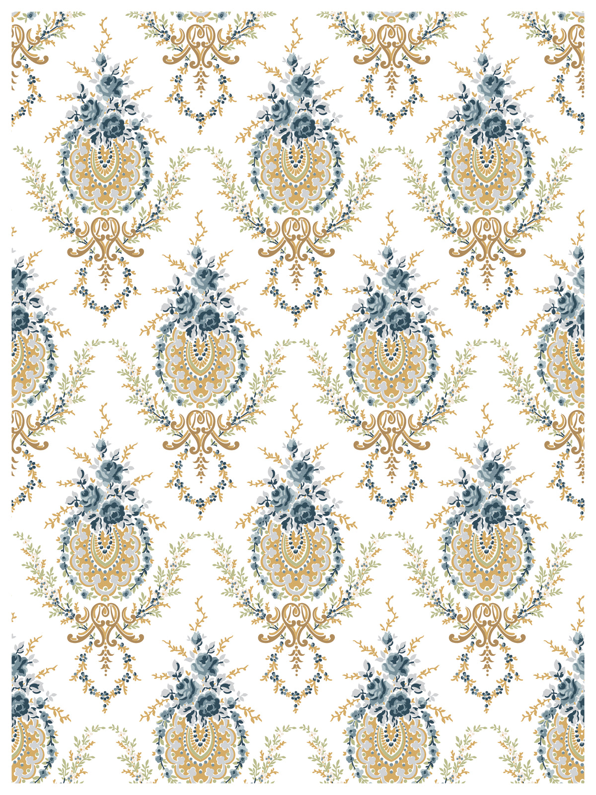 Alfred Peats Inlay by I.O.D., blue and gold medallions on white, vintage wallpaper-inspired design.