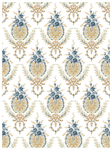 Alfred Peats Inlay by I.O.D., blue and gold medallions on white, vintage wallpaper-inspired design.