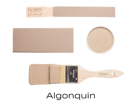 Algonquin by Fusion Mineral Paint in deep taupe matte, shown as swatch, brush sample, stick, and can.