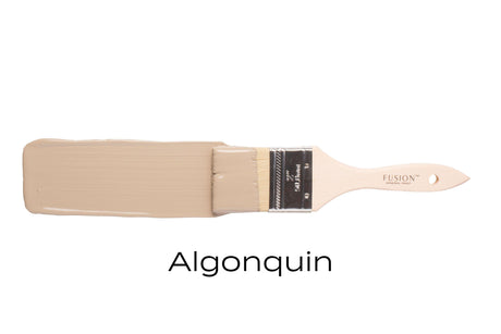 Algonquin Fusion Mineral Paint in deep taupe with paintbrush on white background.