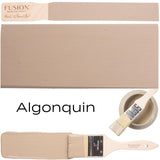 Brush, swatch, and open can of Fusion Mineral Paint in Algonquin matte finish.