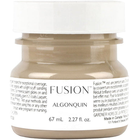 67 mL Algonquin Fusion Mineral Paint jar, deep taupe matte, white lid, visible usage instructions.