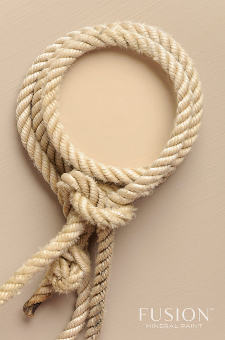 Beige rope on deep taupe matte background, Fusion Mineral Paint Algonquin logo in lower right corner.