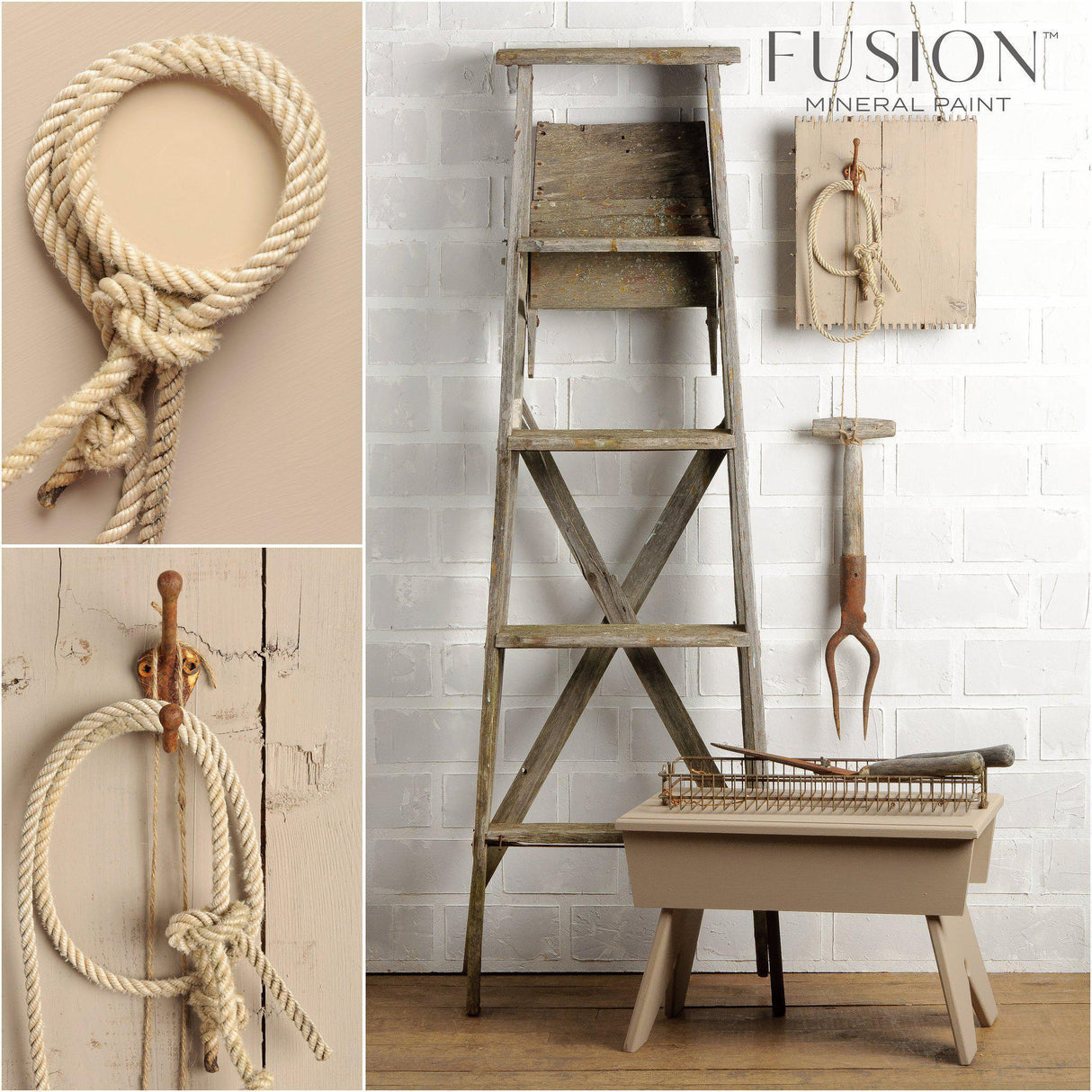 Bench and ladder decor with rope accents against a matte wall painted in Algonquin Fusion Mineral Paint.