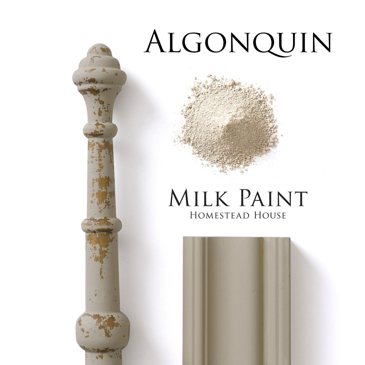 Painted spindle, wood trim, and Algonquin Milk Paint by Homestead House displayed together.