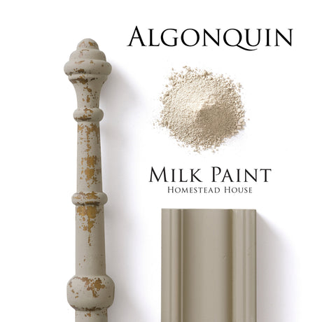 Painted spindle, wood trim, and Algonquin Milk Paint by Homestead House displayed together.