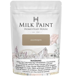 Homestead House Algonquin Milk Paint 50g bag with visible warning label at the bottom.