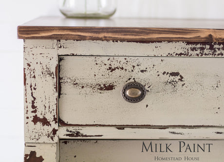 Cream wooden drawer with round metal knob, finished in Algonquin Milk Paint by Homestead House.