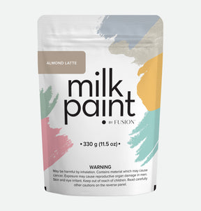 White pouch labeled Almond Latte Milk Paint by Fusion Mineral Paint.