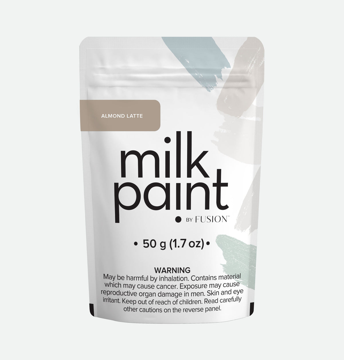Fusion Mineral Paint Almond Latte Milk Paint 50g pouch, abstract design, cancer warning on packaging.