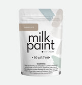 Fusion Mineral Paint Almond Latte Milk Paint 50g pouch, abstract design, cancer warning on packaging.