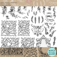 Black I.O.D. Alphabellies Stamp line art with florals, scrolls, cherubs, and frames on a white background.