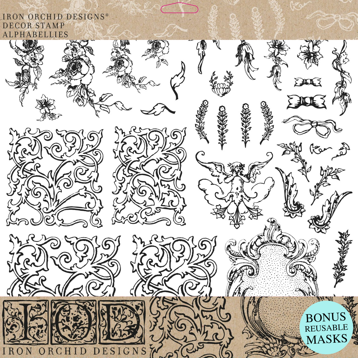 Black I.O.D. Alphabellies Stamp line art with florals, scrolls, cherubs, and frames on a white background.