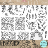 Black I.O.D. Alphabellies Stamp line art with florals, scrolls, cherubs, and frames on a white background.