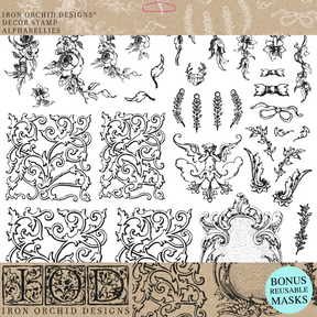 Black I.O.D. Alphabellies Stamp line art with florals, scrolls, cherubs, and frames on a white background.