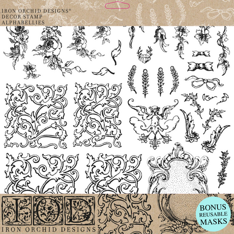 Black I.O.D. Alphabellies Stamp line art with florals, scrolls, cherubs, and frames on a white background.