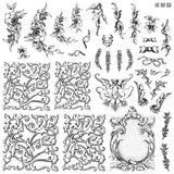 Alphabellies Stamp by I.O.D. featuring vintage scrolls and cherubs, Iron Orchid Designs branding visible.