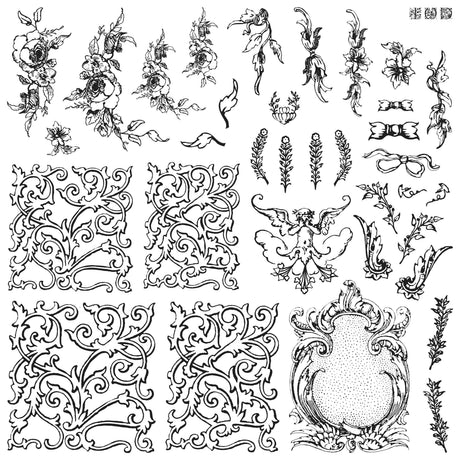 Alphabellies Stamp by I.O.D. featuring vintage scrolls and cherubs, Iron Orchid Designs branding visible.
