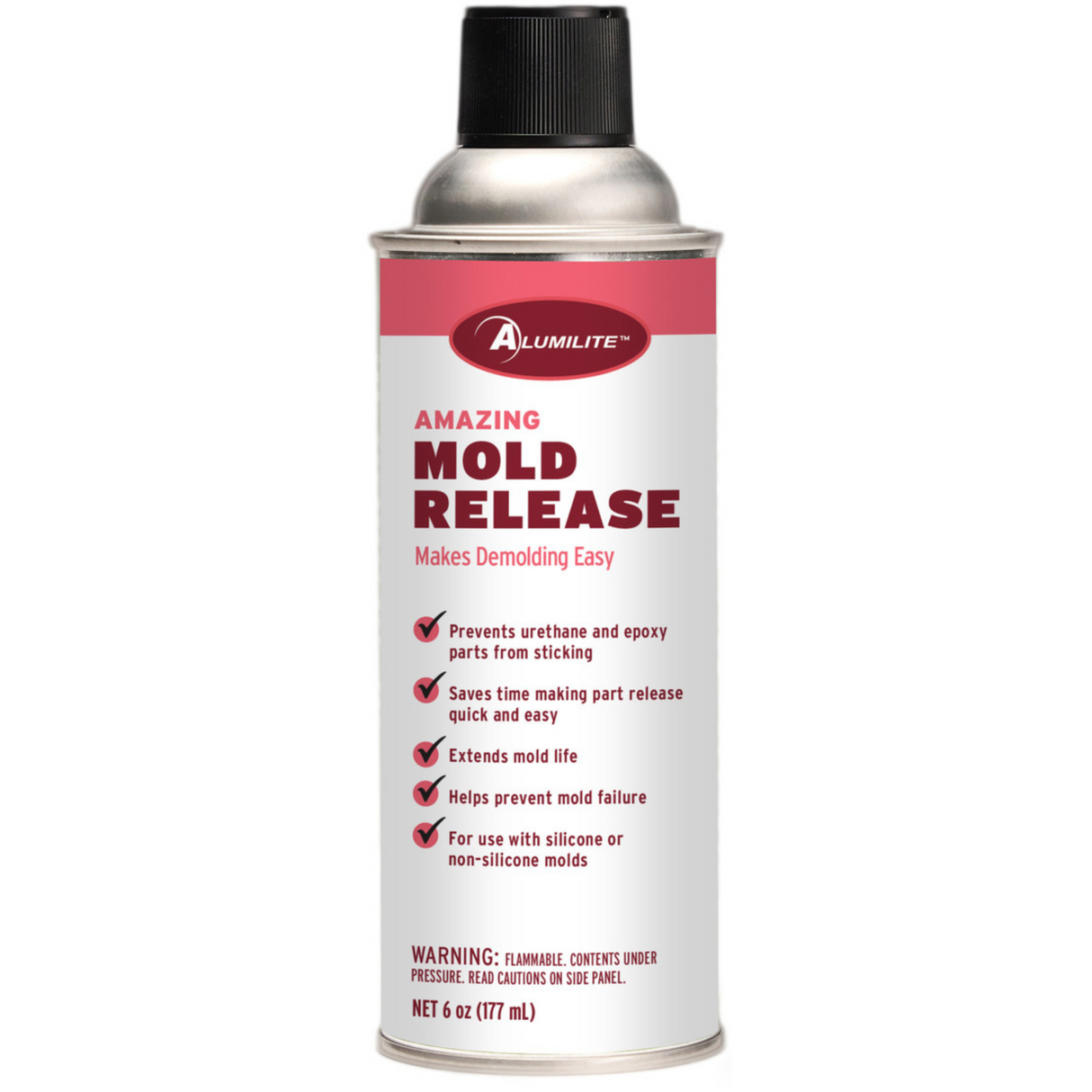 Alumilite Amazing Mold Release Spray can by Notions with resin compatibility, label lists benefits and safety information.