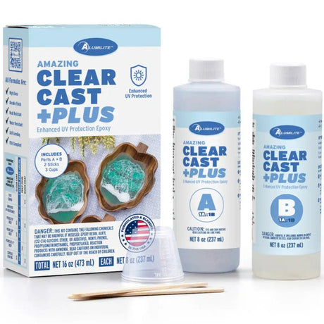 Notions Amazing Clear Cast +Plus Epoxy kit with two bottles, cups, sticks, and a box.