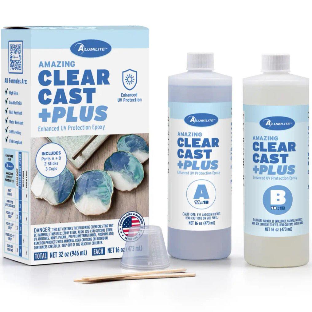 Amazing Clear Cast +Plus Epoxy by Notions kit with bottles, cups, and sticks for clear UV-resistant coating.