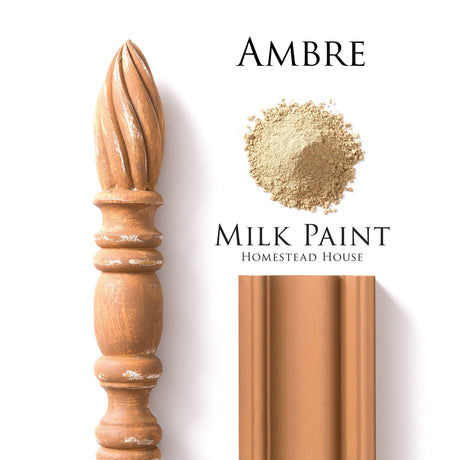 Homestead House Amber Milk Paint on wood spindle and molding, with text: Homestead House milk paint.